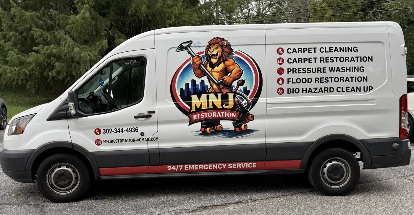 White MNJ Restoration work van with the lion logo, service list and 24/7 emergency service stripe
